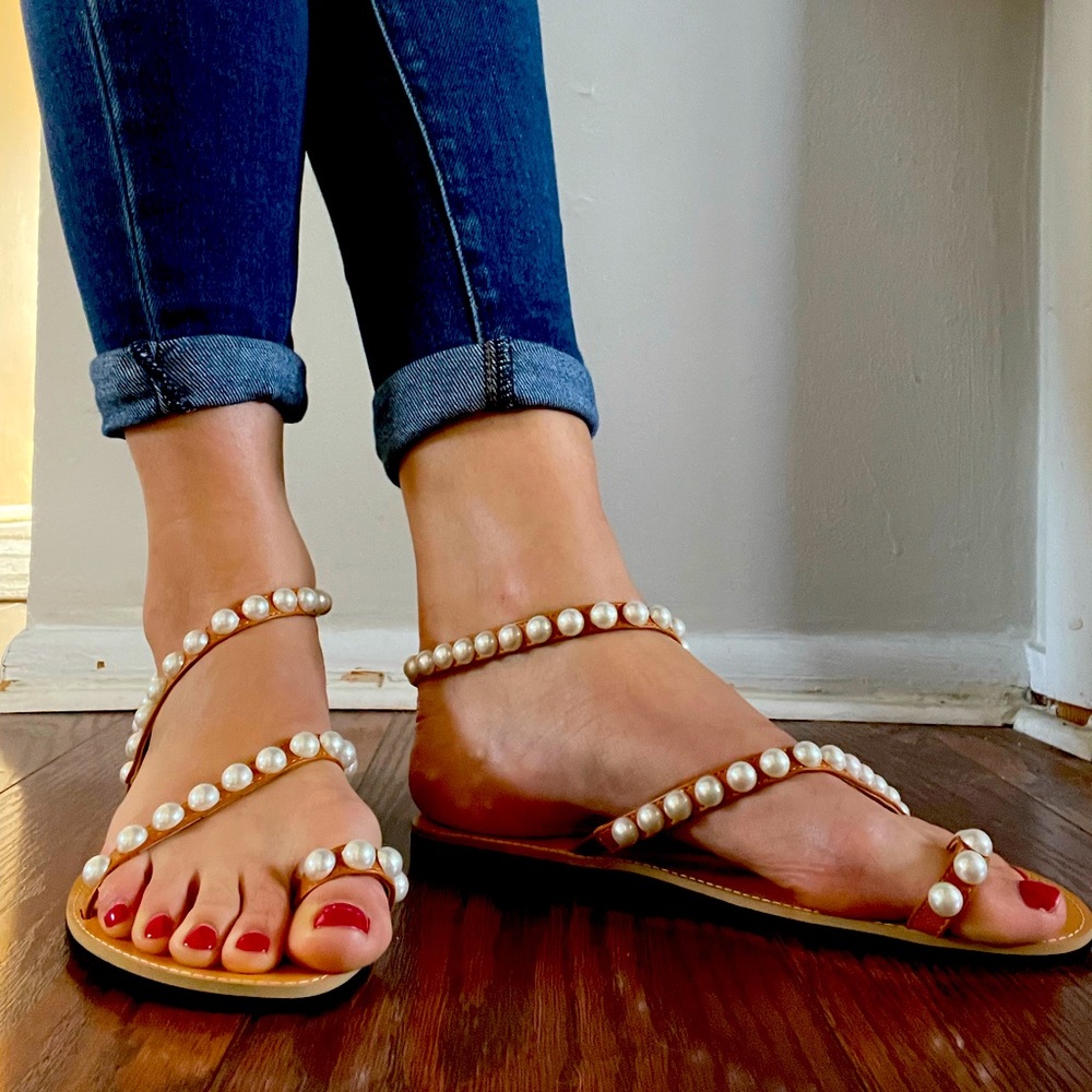 Wrap sandals with pearl accents